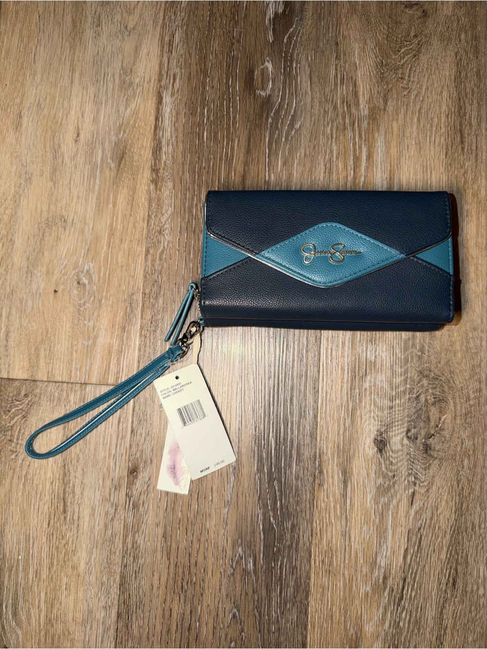 NWT Jessica Simpson Navy Blue and Teal Cassidy Zip Around Wallet Wristlet